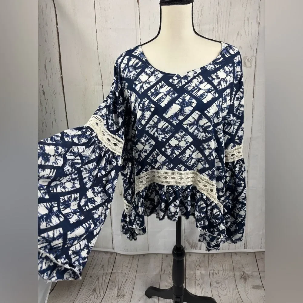 Chelsea & Theodore Navy Boho Top Ruffled Hem Flared Bell Sleeve Crochet Trim